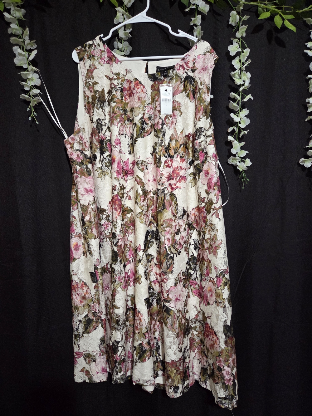 Lane Bryant Cream Floral Lace A-Line Dress with Pink Accents